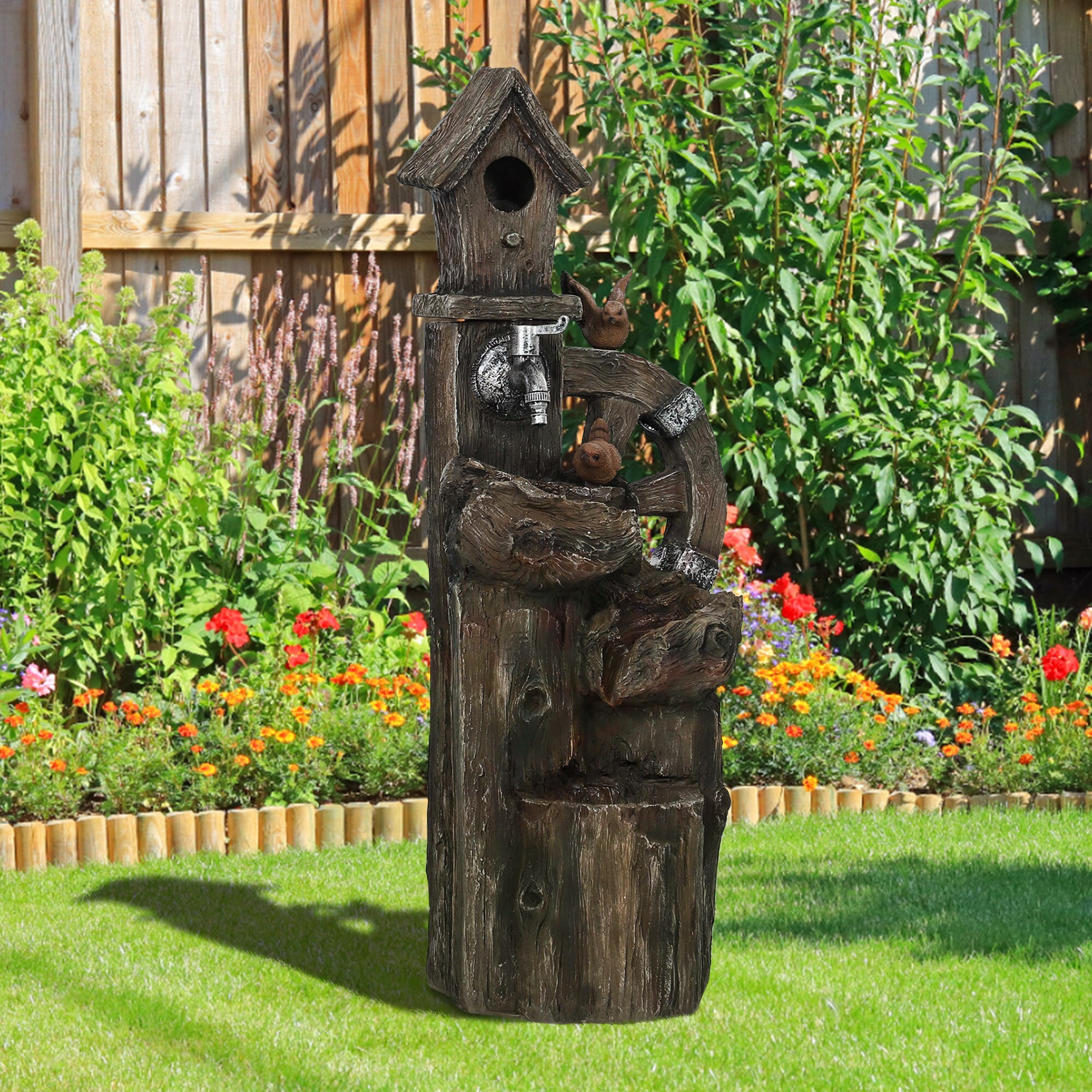 Fuente de Agua 2 en 1 con Casita para Pájaros Fuente de Jardín con Iluminación LED Fuente Decorativa en Cascada de 4 Niveles para Jardín Patio Terraza 34,5x29,5x92 cm Multicolor