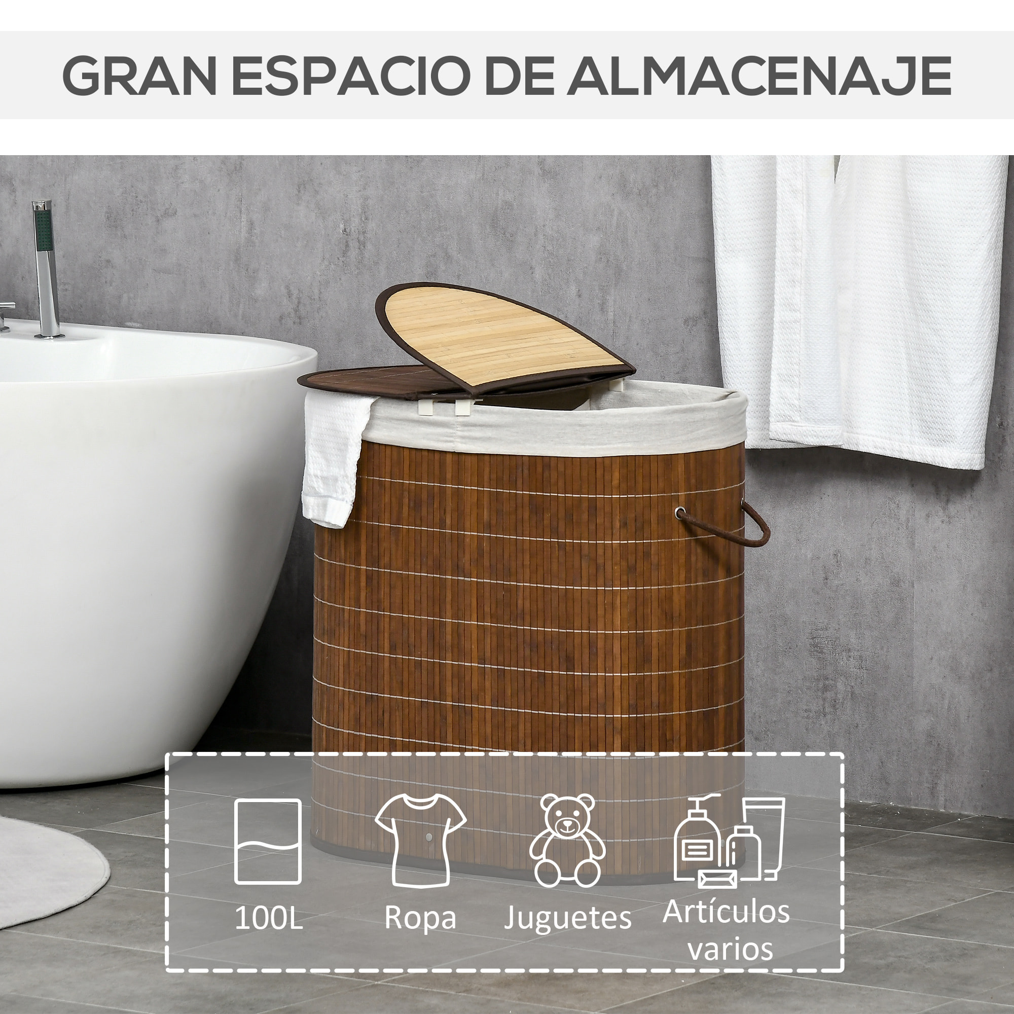 HOMCOM Cesto para Ropa Sucia de Bambú Capacidad de 100L Cesta para la Colada con Tapa Abatible y Bolsa de 2 Compartimentos Extraíble 62,5x37x60,5 cm Marrón