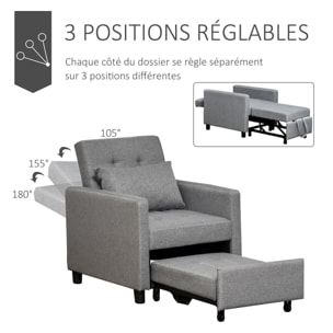 Fauteuil chauffeuse canapé-lit convertible 1 place dossier inclinable 3 positions coussin inclus polyester coton gris