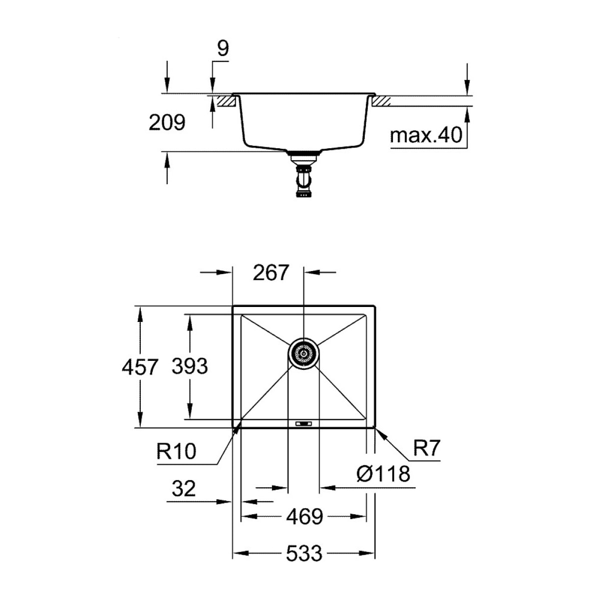 GROHE Évier à encastrer par dessus ou par dessous 1 bac K700U - gris granite - 53,3 x 45,7 cm