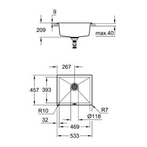 GROHE Évier à encastrer par dessus ou par dessous 1 bac K700U - gris granite - 53,3 x 45,7 cm