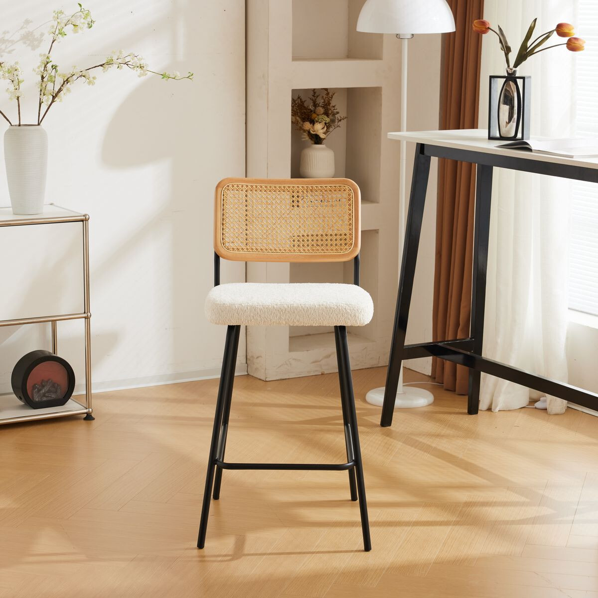 Lot de 2 chaises de bar en cannage et tissu bouclé, piètement noir - MUSE