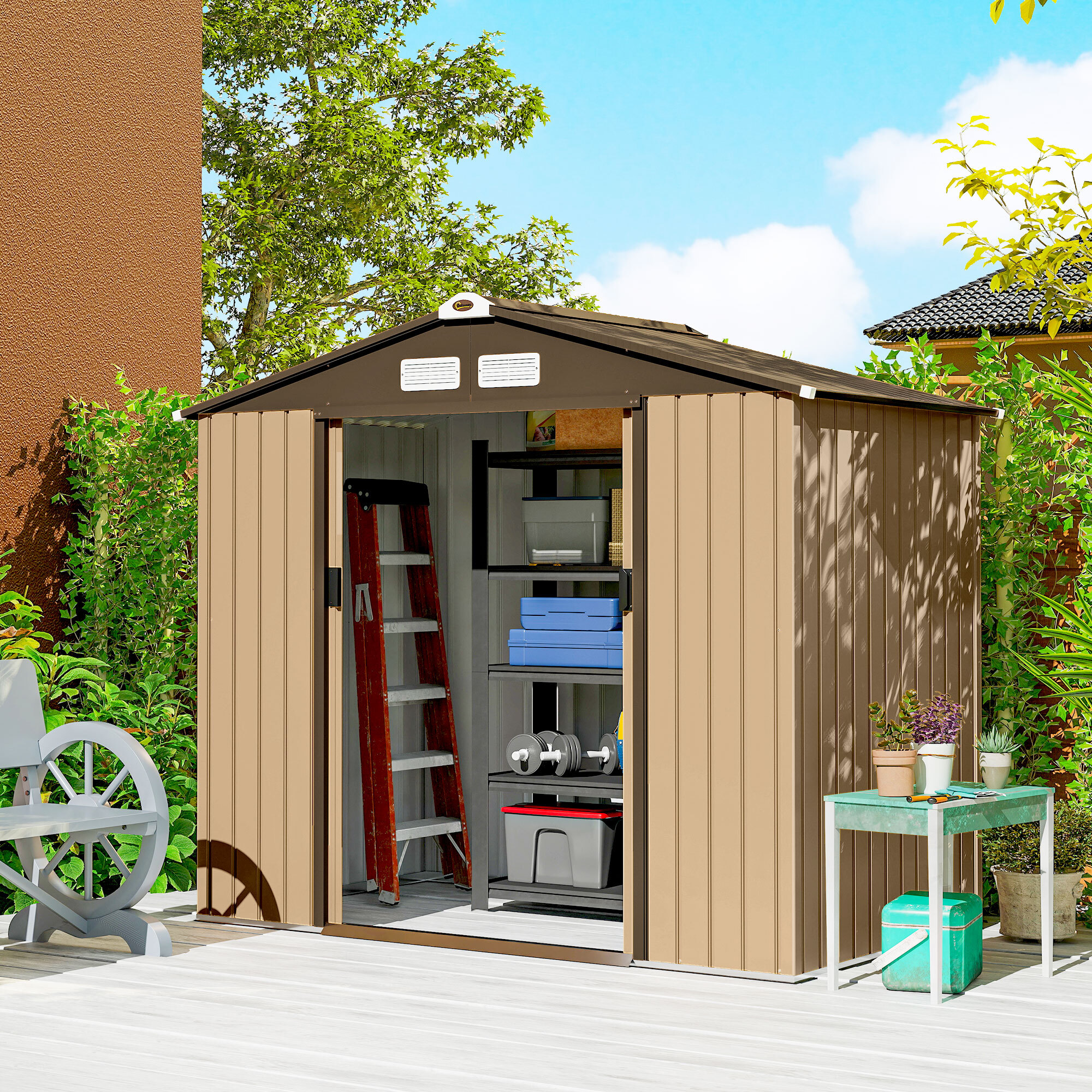 Caseta de Jardín Exterior 2,42 m², 213x130x185 cm, Cobertizo de Jardín Exterior Metálico con Puertas Correderas, Ventilación y Kit de Fundación, para Almacenamiento de Herramientas, Amarillo