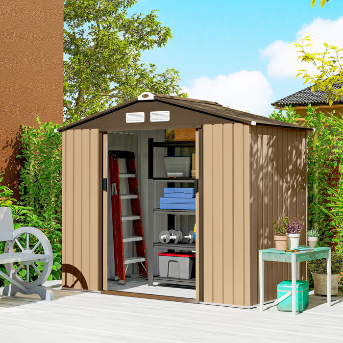 Caseta de Jardín Exterior 2,42 m², 213x130x185 cm, Cobertizo de Jardín Exterior Metálico con Puertas Correderas, Ventilación y Kit de Fundación, para Almacenamiento de Herramientas, Amarillo