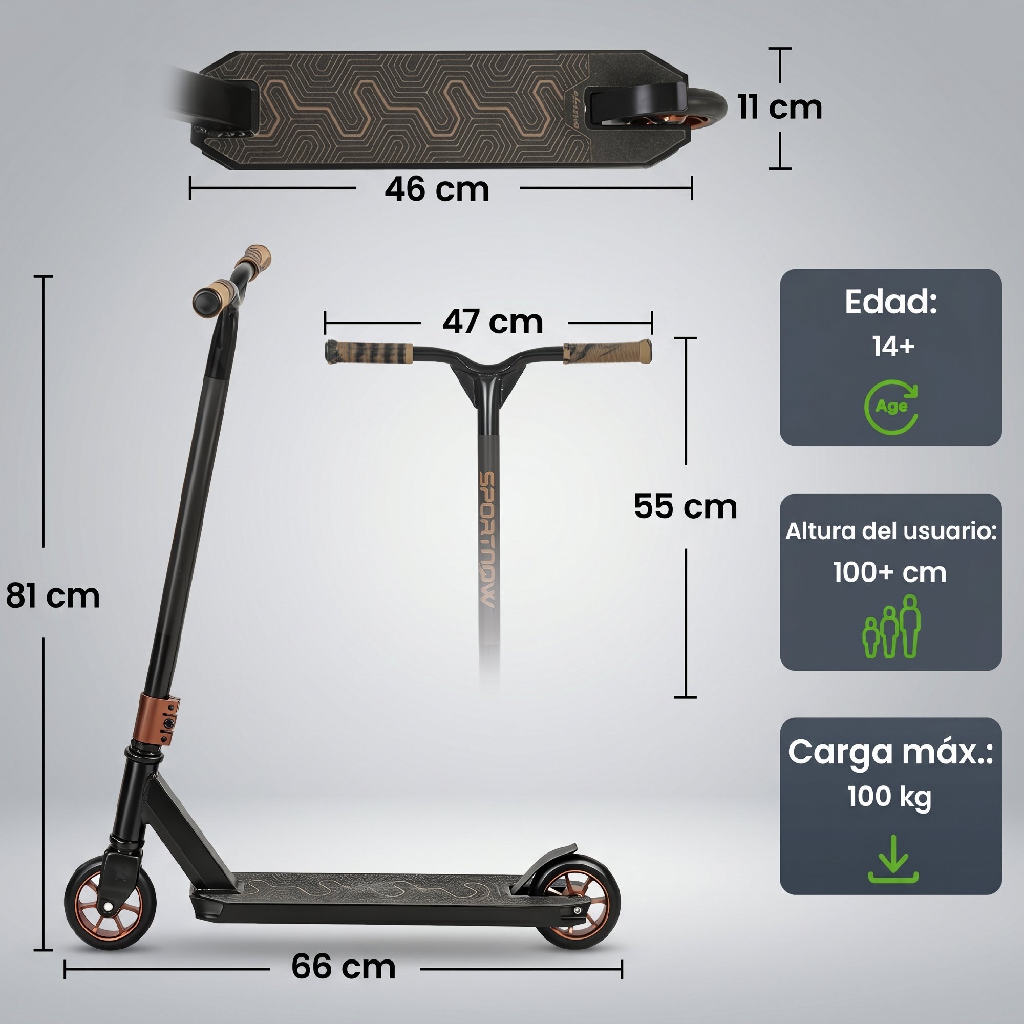 Scooter Acrobático, Scooter Freestyle con Manillar 360°, Rodamientos ABEC-9, Ruedas de PU de 120 mm, Marco de Aluminio Acero, Antideslizante, para Adolescentes, Adultos para Skatepark, Dorado