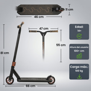 Scooter Acrobático, Scooter Freestyle con Manillar 360°, Rodamientos ABEC-9, Ruedas de PU de 120 mm, Marco de Aluminio Acero, Antideslizante, para Adolescentes, Adultos para Skatepark, Dorado