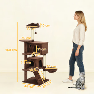 Árbol Rascador para Gatos, Árbol para Gatos 140 cm, Torre Escalador con Múltiples Plataformas, Cama, 2 Cuevas, Hamaca, Escalera, Postes de Sisal, Bolas para Jugar, Marrón