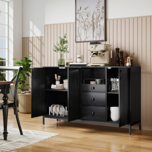 Aparador de 3 Puertas, Aparador de Salón con 3 Cajones, Estantes Ajustables, para Cocina, Entrada, Comedor, Dormitorio, Negro, 143,5x40x90 cm