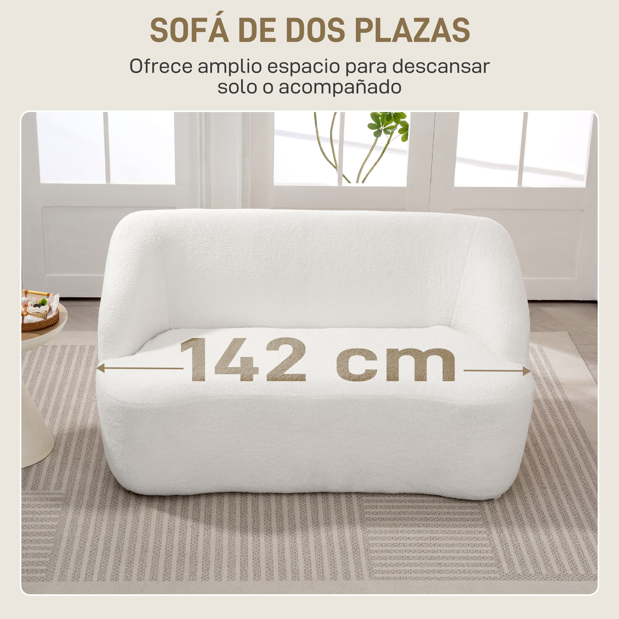 Sofá de 2 Plazas Tapizado en Borreguito Sofá de Salón de 142 cm con Diseño Curvo Acolchado Grueso No Requiere Montaje para Dormitorio Sala de Estar Oficina Crema
