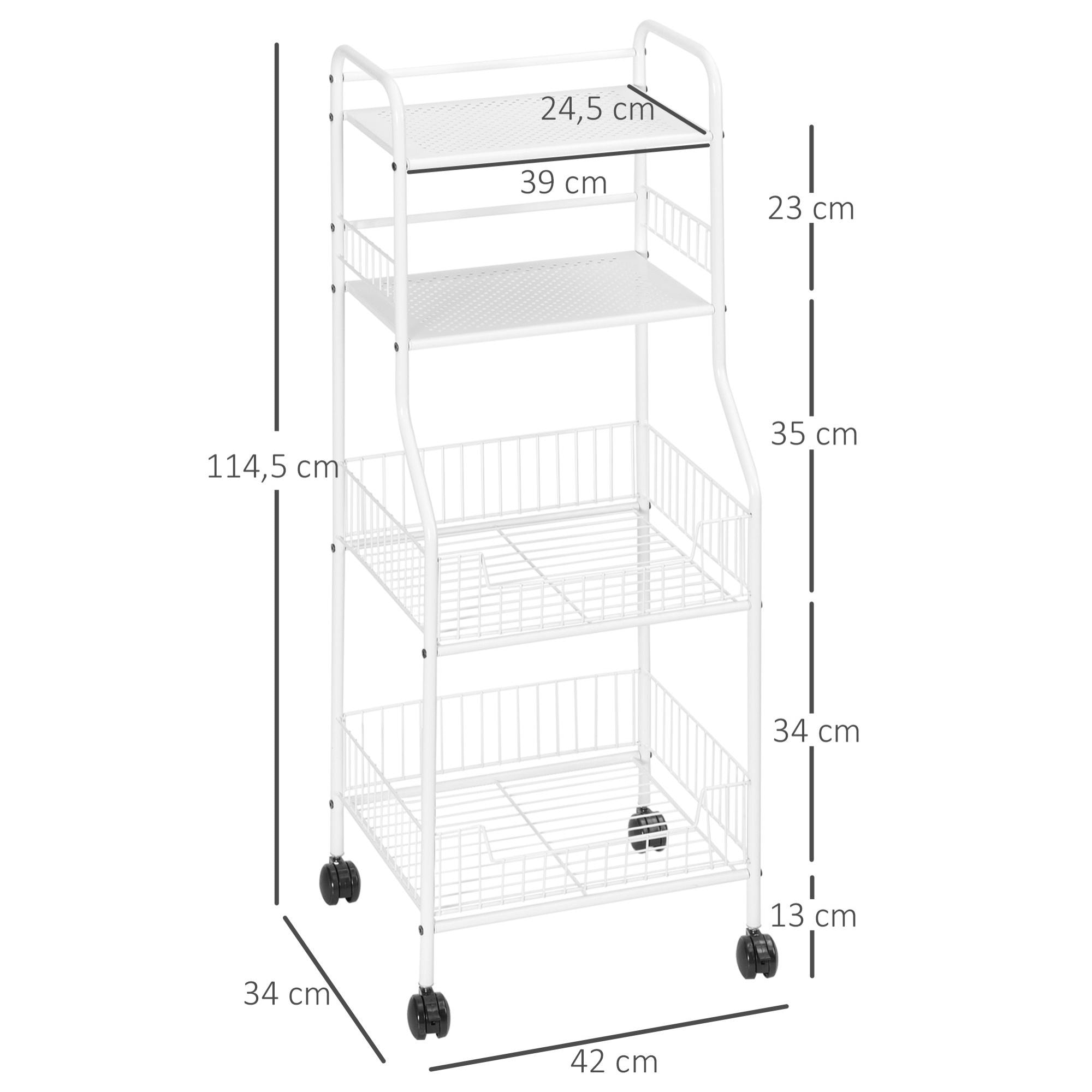 Estante de Cocina con Ruedas de Acero Carro de Almacenamiento de 4 Niveles Estantería para Microondas para Baño Salón Comedor 42x34x114,5 cm Blanco