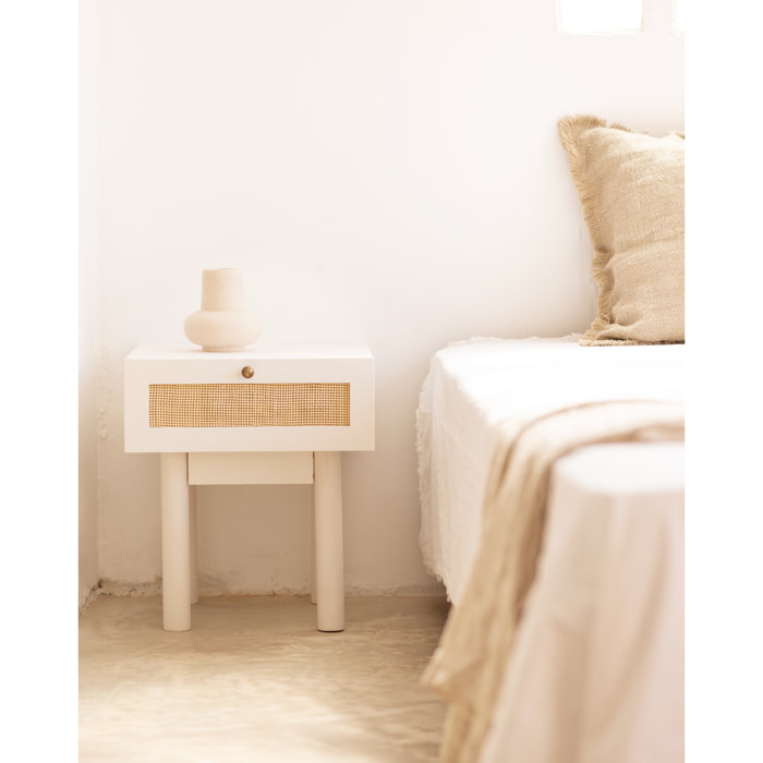 Table de chevet en bois massif et raphia avec un tiroir blanc 40x45cm Hauteur: 45 Longueur: 40 Largeur: 37
