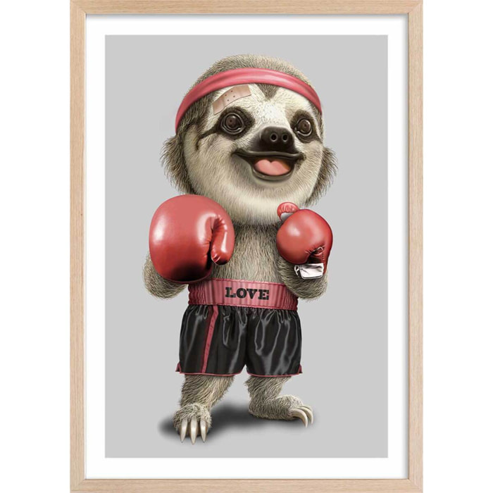 Affiche enfant le paresseux boxeur  Affiche + cadre en bois - Chêne