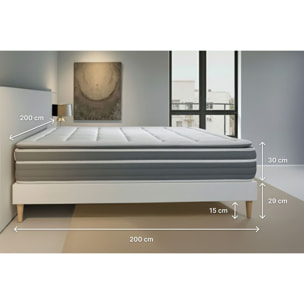 Ensemble Matelas Trente PLUS - 30cm - Hybride - Effet nuage avec surmatelas intégré - Sommier Tapissier Gris