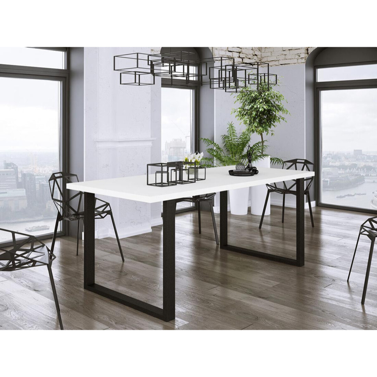 Caronal - table à manger - blanche et pieds noirs - 4 à 8 personnes - Blanc / Noir