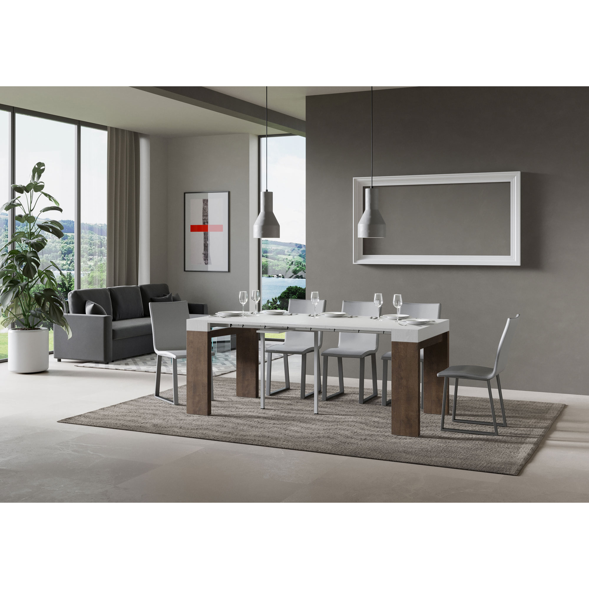 Console Roxell cm.90x42 (extensible à 300) dessus Frêne Blanc structure Noyer