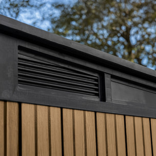 Pent 9x7 - Casetta da Giardino 279x226x218 cm 2 Ante per deposito attrezzi finitura effetto legno Evotech+ in Resina Marrone e Nero