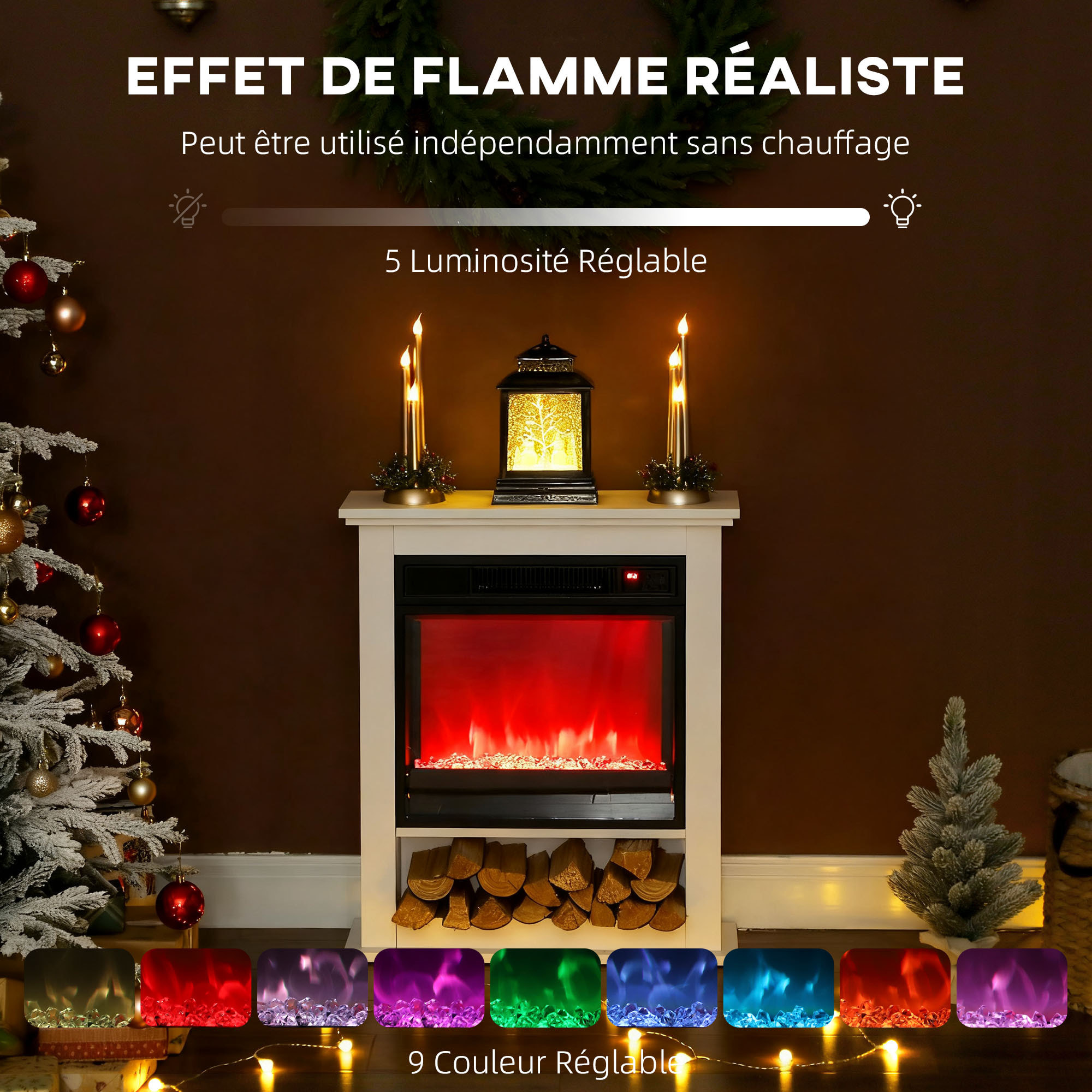 Cheminée électrique LED multicolore design classique niche rangement télécommande blanc noir