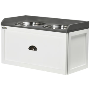 Gamelle double chien chat - porte-gamelles surélevé rangement 2 en 1 - tiroir, 2 gamelles - acier inox. MDF blanc gris