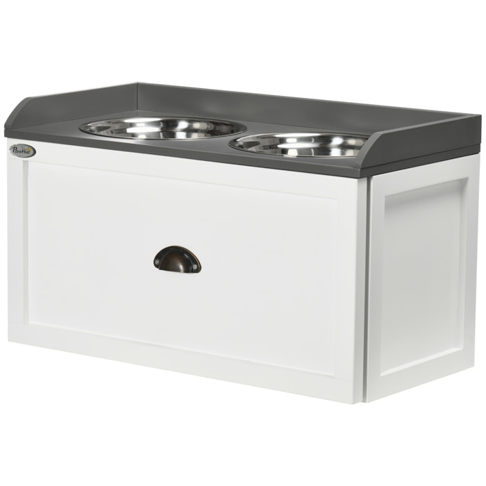 Gamelle double chien chat - porte-gamelles surélevé rangement 2 en 1 - tiroir, 2 gamelles - acier inox. MDF blanc gris