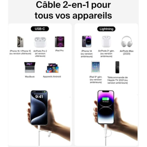 Adaptateur USB BELKIN 2-en-1 USB-C et Lightning 1m50 blanc