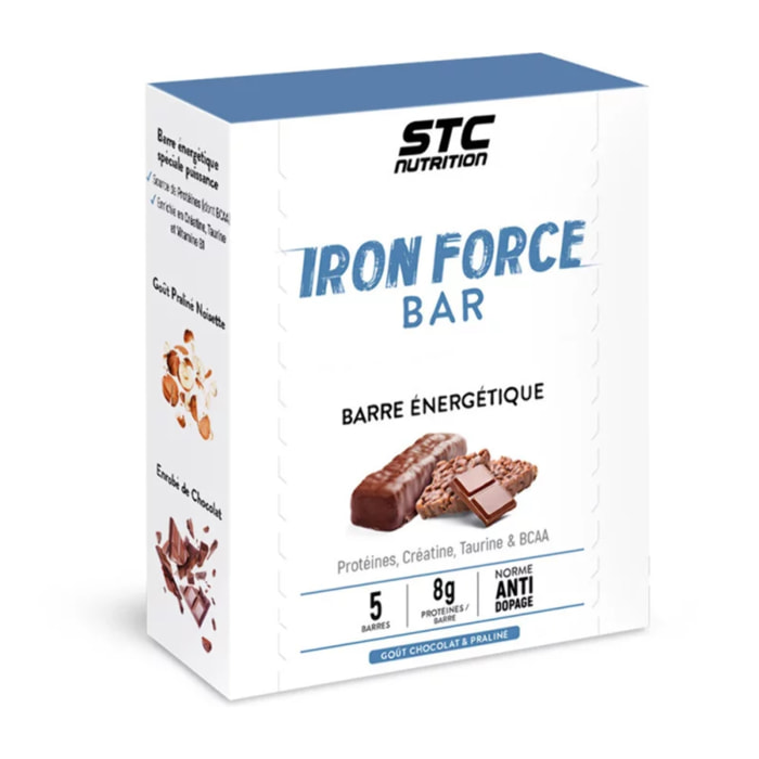 Iron Force® Bar - Barre énergétique protéinée - Créatine + Taurine + BCAA - Actif breveté - Goût praliné enrobage chocolat - Etui de 5 barres