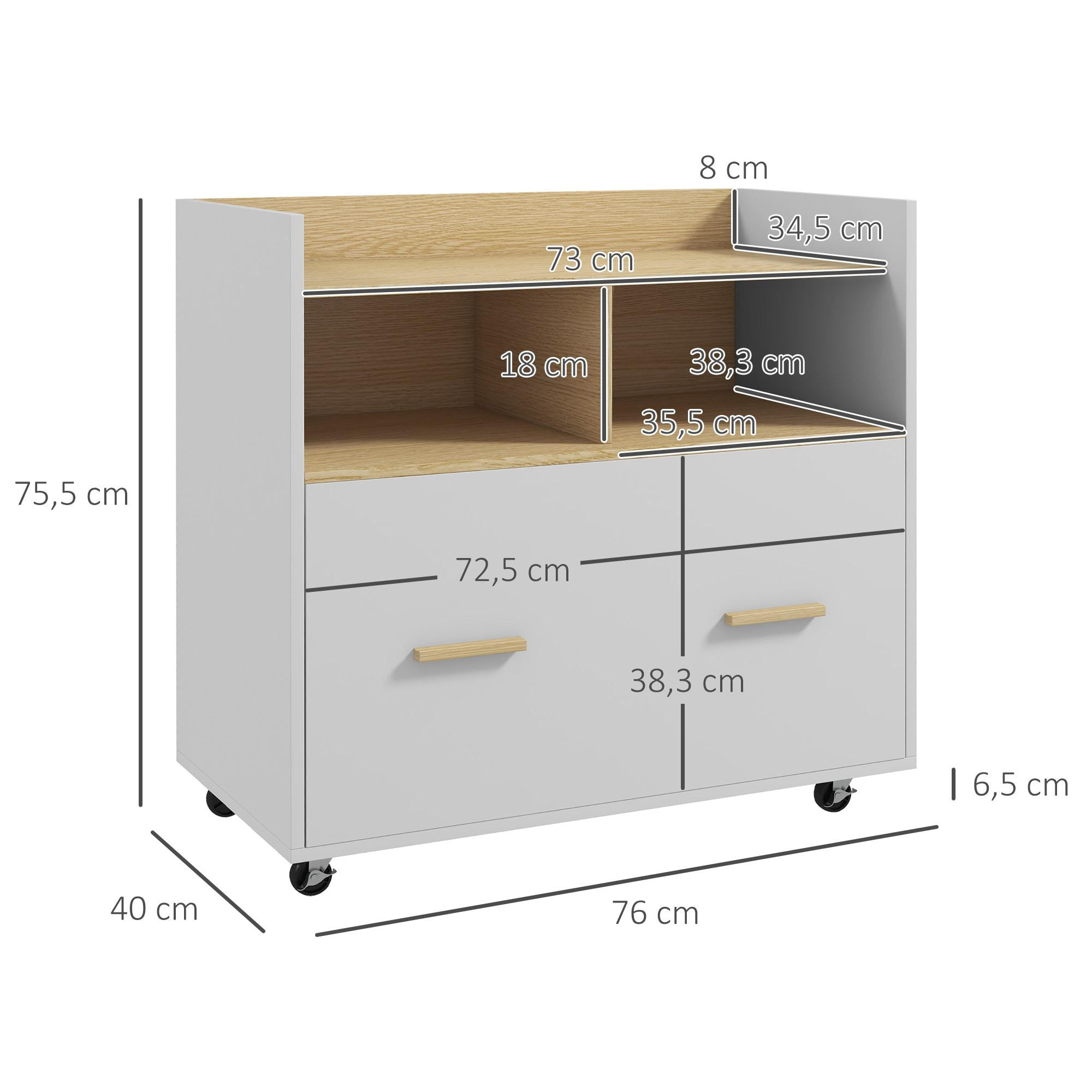 Cajonera de Oficina Armario Archivador con Ruedas Cajón Barras Colgantes para Tamaño A4 y 2 Compartimientos de Almacenaje para Estudio Salón 76x40x75,5 cm Roble y Blanco