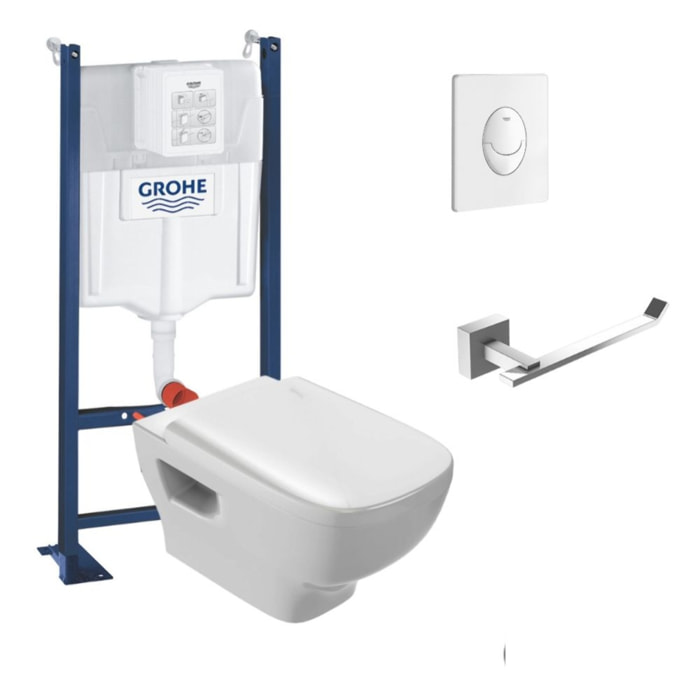 Pack WC suspendu sans bride Struktura + Bati-support GROHE + plaque Start blanc + porte-rouleau carré