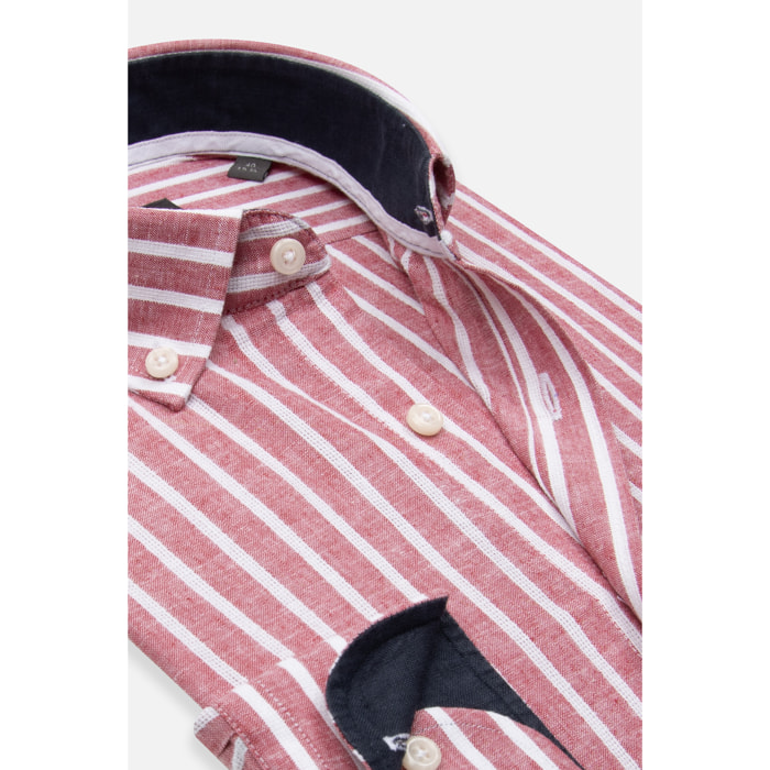 camicia uomo 1 bottone button down slim Lino Cotone Riga Larga Rosso\Bianco