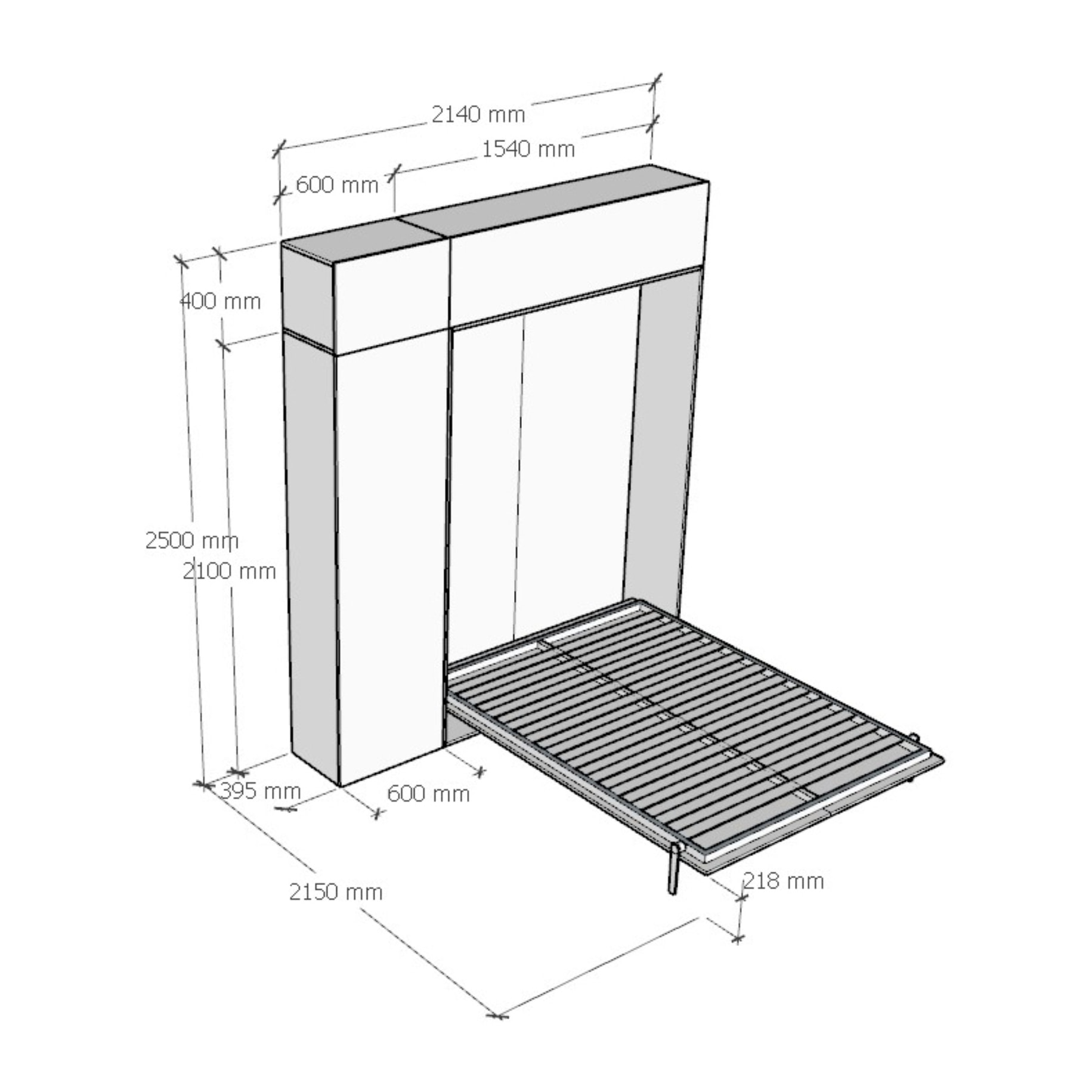 Armoire Lit escamotable vertical double 140 KENTARO Noyer avec colonne de rangement et deux éléments hauts