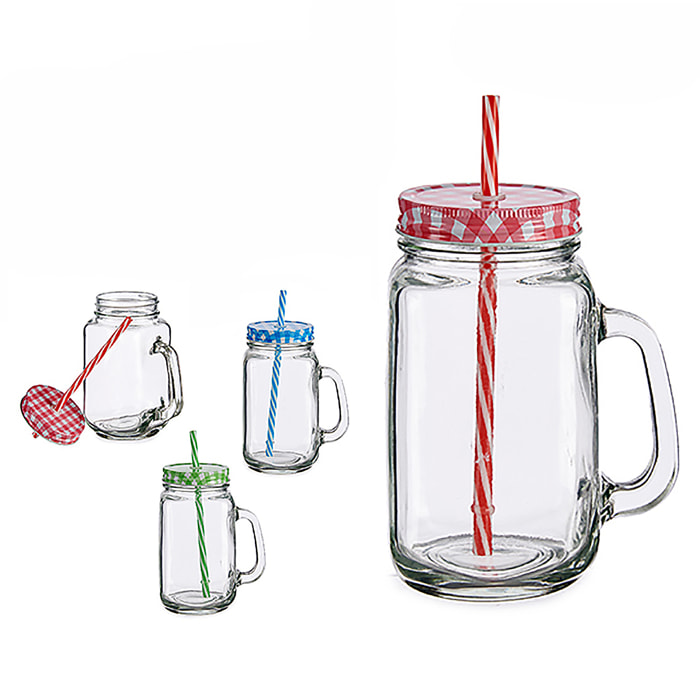 Set di 6 barattoli con cannuccia 70 cl. Assortimento di 3 colori.