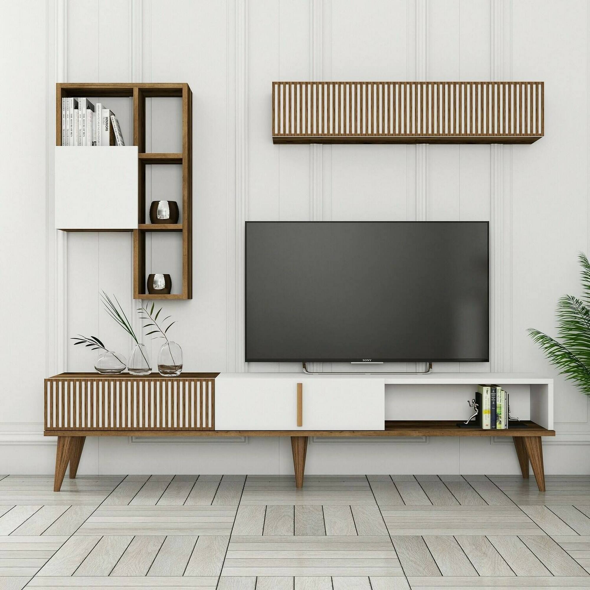 Parete attrezzata Dmalavas, Composizione soggiorno, Mobile salotto multiuso, Armadio porta TV, 180x35h40 cm, Noce e Bianco