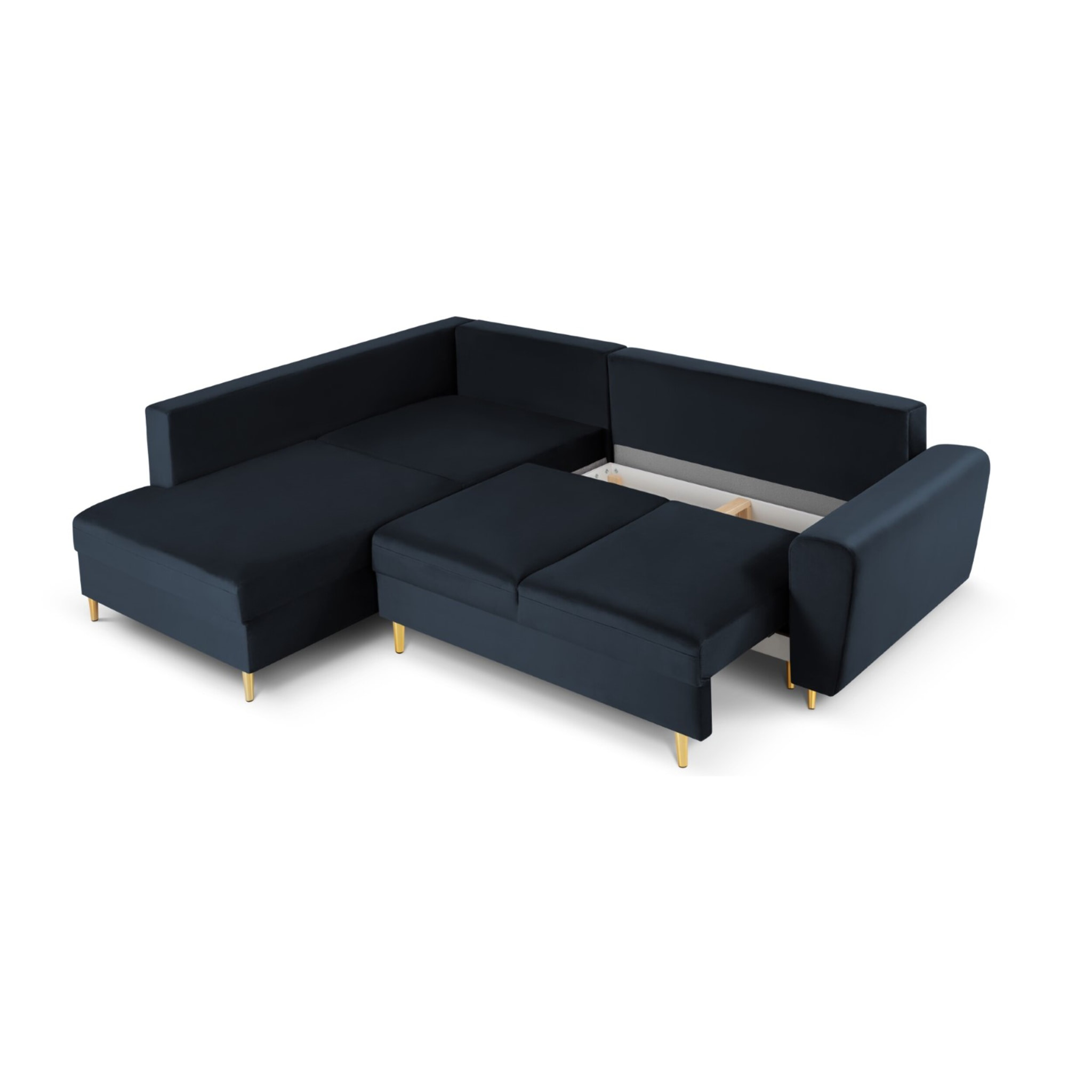 Canapé d'angle gauche convertible avec coffre de rangement "Kyoto" 5 places en velours bleu foncé
