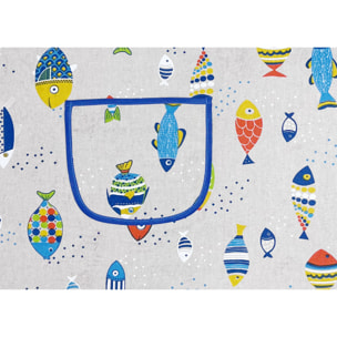 Set 2 Pezzi Grembiule Cucina Con Tasche 100% Cotone Disegno Pesci Colorati