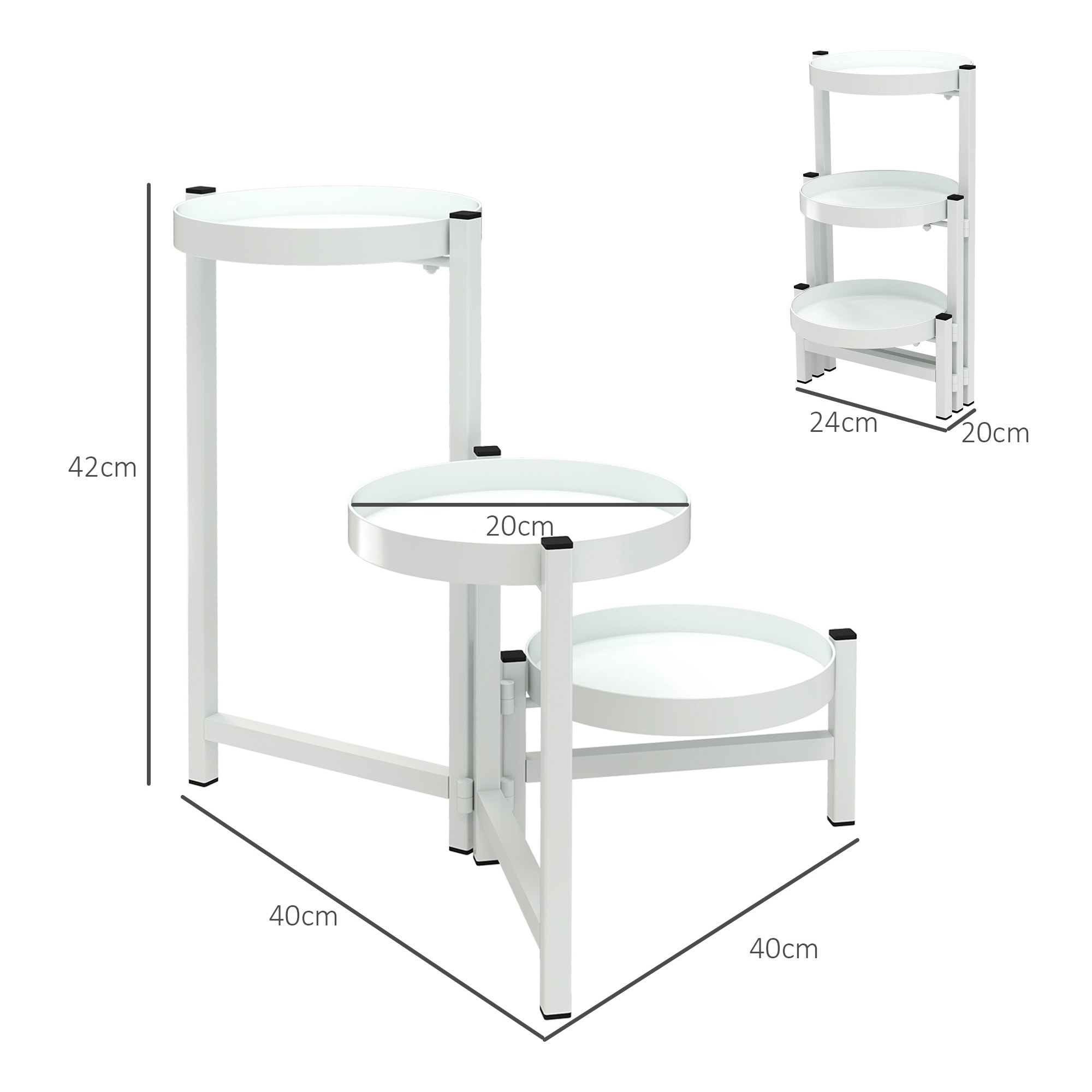 Estantería para Plantas Plegable de 3 Niveles Soporte para Plantas de Metal con 3 Estantes Redondos Soporte para Macetas para Interior y Exterior 40x40x42 cm Blanco