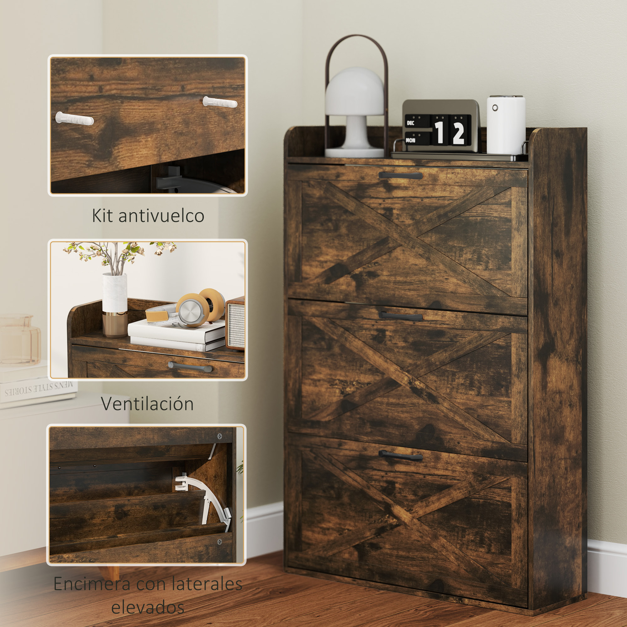 Mueble Zapatero de 3 Puertas Zapatero Estrecho con Estantes Ajustables Estilo Industrial para 24 Pares de Zapatos Mueble Auxiliar para Recibidor Entrada 80x24x118 cm Marrón Rústico