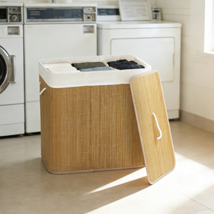 Cesto de Ropa Sucia con Tapa, 144L, Cesta Ropa Sucia de Bambú con 3 Compartimentos, Bolsa Interior Extraíble y Lavable, Asas, para Lavandería, Dormitorio, 60x40x60 cm, Marrón