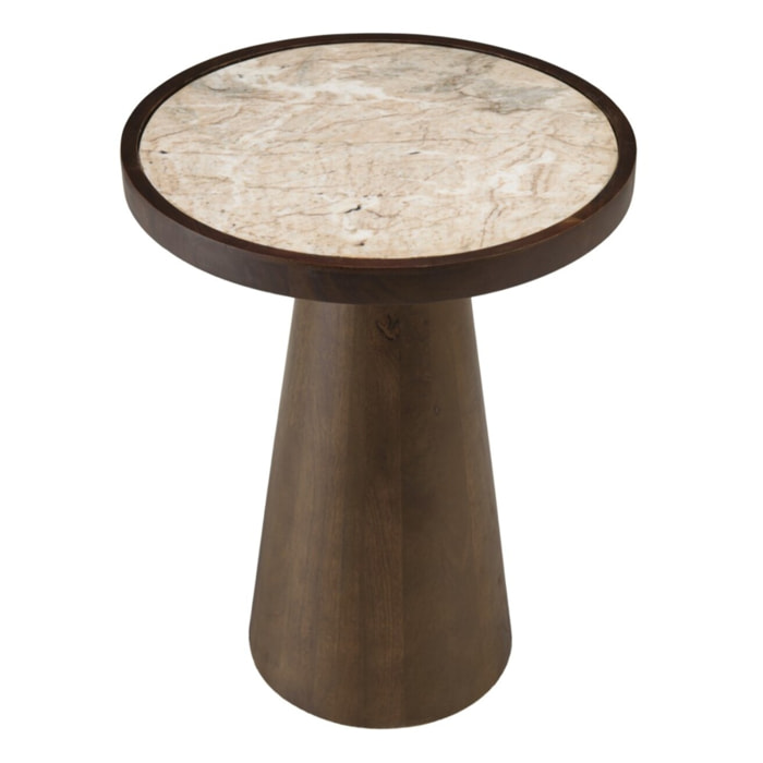 JAMES - Table d'appoint 40x40cm plateau marbre pied en manguier foncé