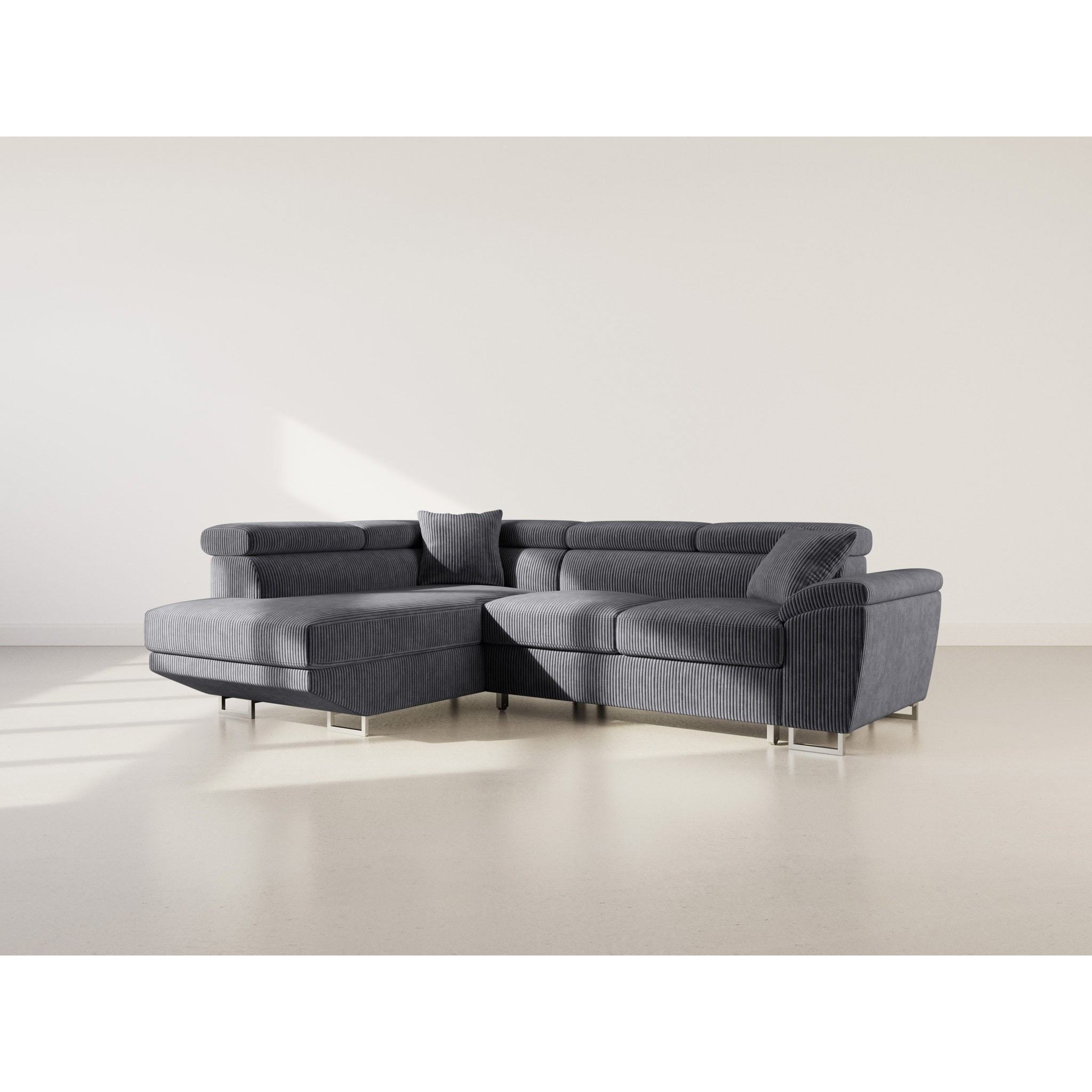 Baoji - Canapé d'angle gauche 5 places convertible avec têtières et coffre en velours côtelé - Gris