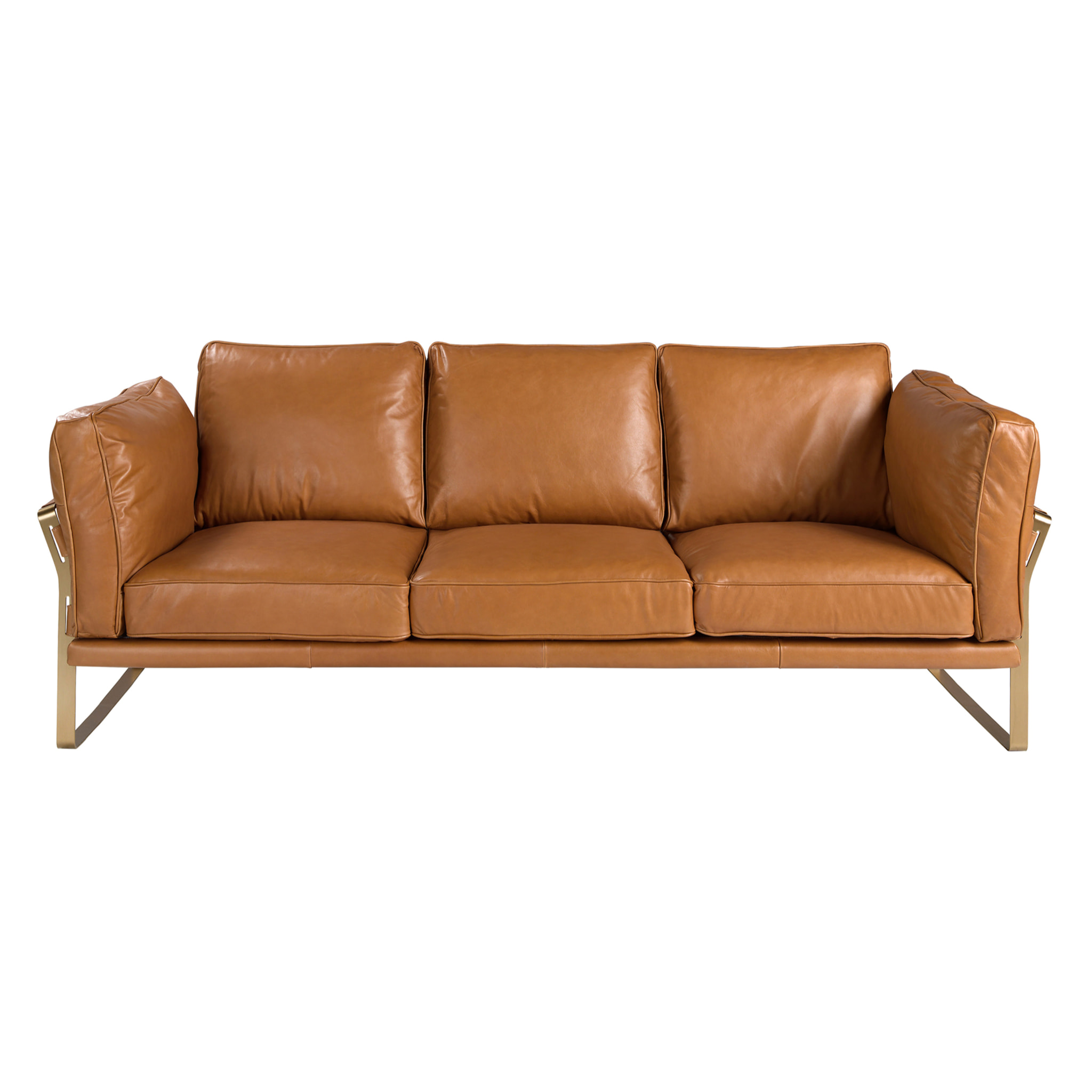 Sofá Angel Cerdá de 3 plazas tapizado en piel de origen vacuno en camel patas de acero inoxidable en dorado 222x90x84cm