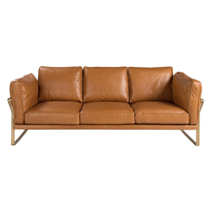 Sofá Angel Cerdá de 3 plazas tapizado en piel de origen vacuno en camel patas de acero inoxidable en dorado 222x90x84cm