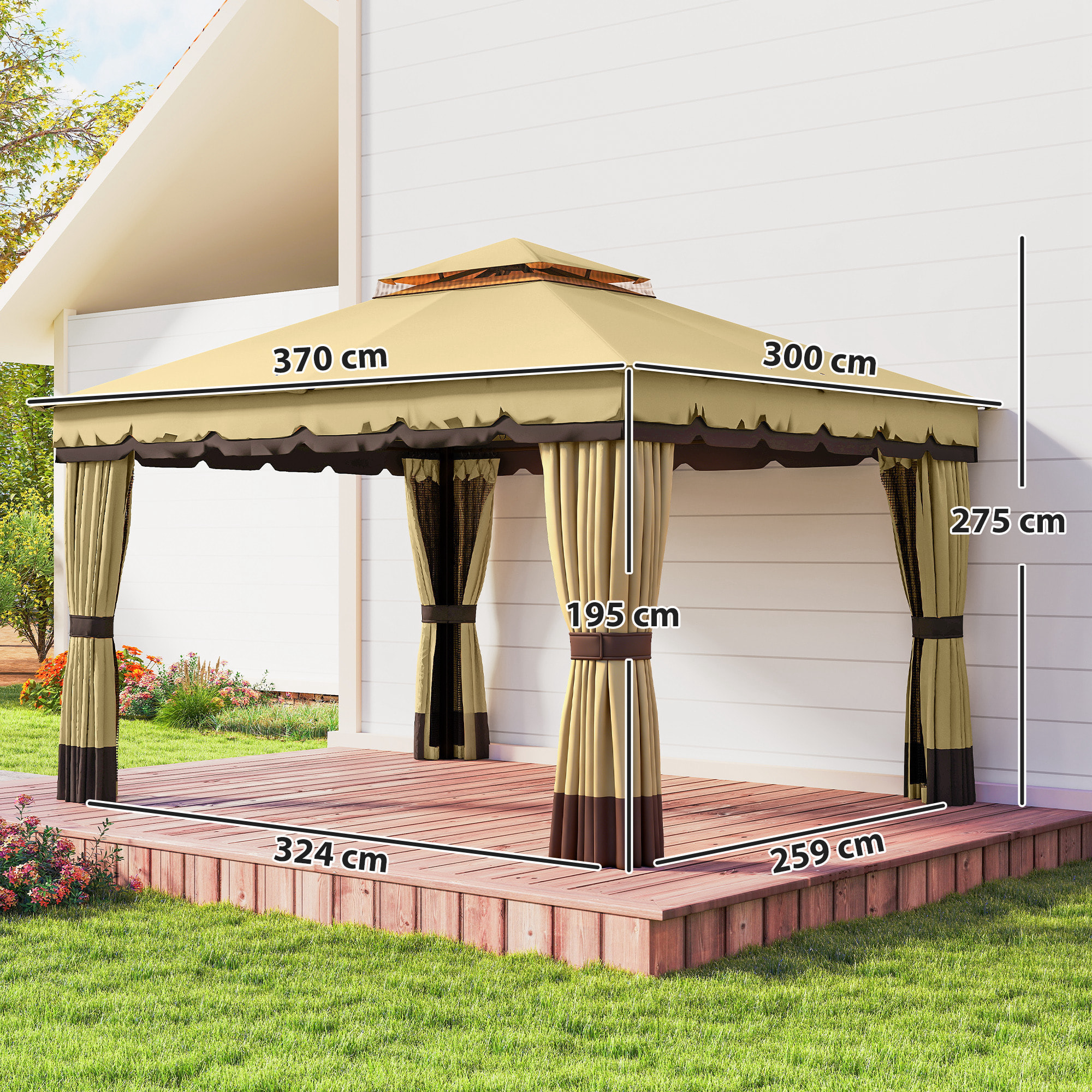de Jardín 3,7x3 m, Pabellón de Jardín Gazebo con Doble Techo, 4 Cortinas y Mosquitera, Marco de Acero, Orificios de Drenaje, UV30+, para Exterior, Terraza, Patio, Beige