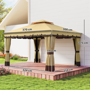 de Jardín 3,7x3 m, Pabellón de Jardín Gazebo con Doble Techo, 4 Cortinas y Mosquitera, Marco de Acero, Orificios de Drenaje, UV30+, para Exterior, Terraza, Patio, Beige