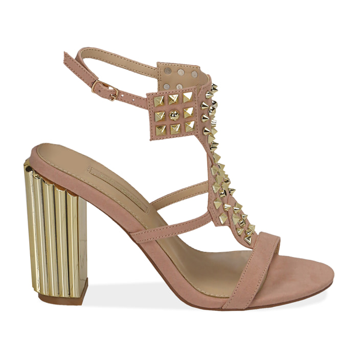 Sandalias de microfibra nude con tachuelas, tacón 10 cm