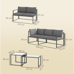 Ensemble salon de jardin d'angle 5 places 4 pièces modulables tables basses gigognes acier verre trempé noir gris