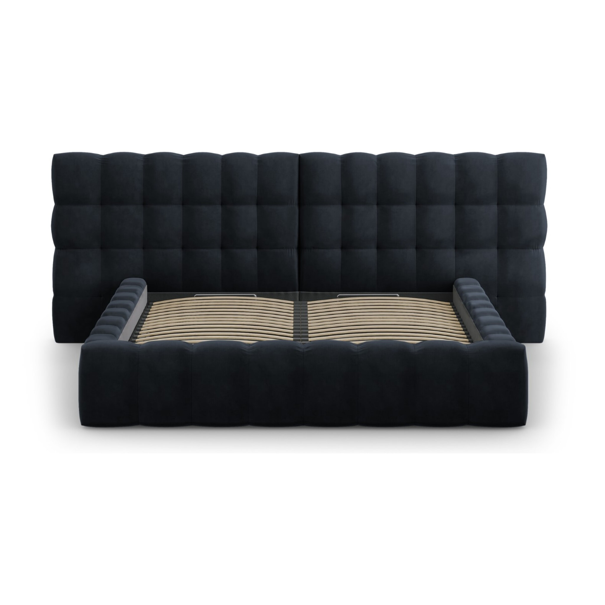 Lit coffre avec tête de lit double "Bali" 200x200cm en velours bleu foncé