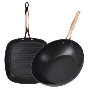 Bergner copper sartén grill 28x28cm + wok ø28cm en aluminio forjado en color negro mate