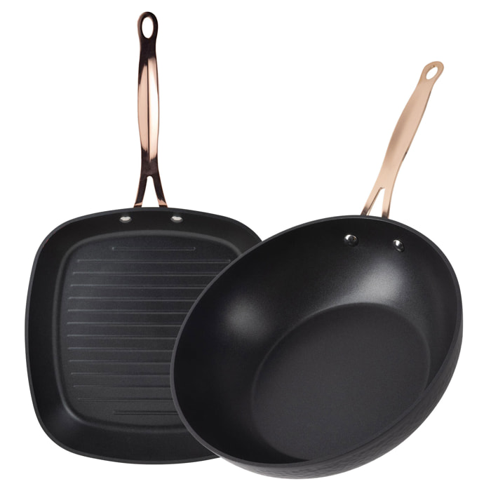 Bergner copper sartén grill 28x28cm + wok ø28cm en aluminio forjado en color negro mate