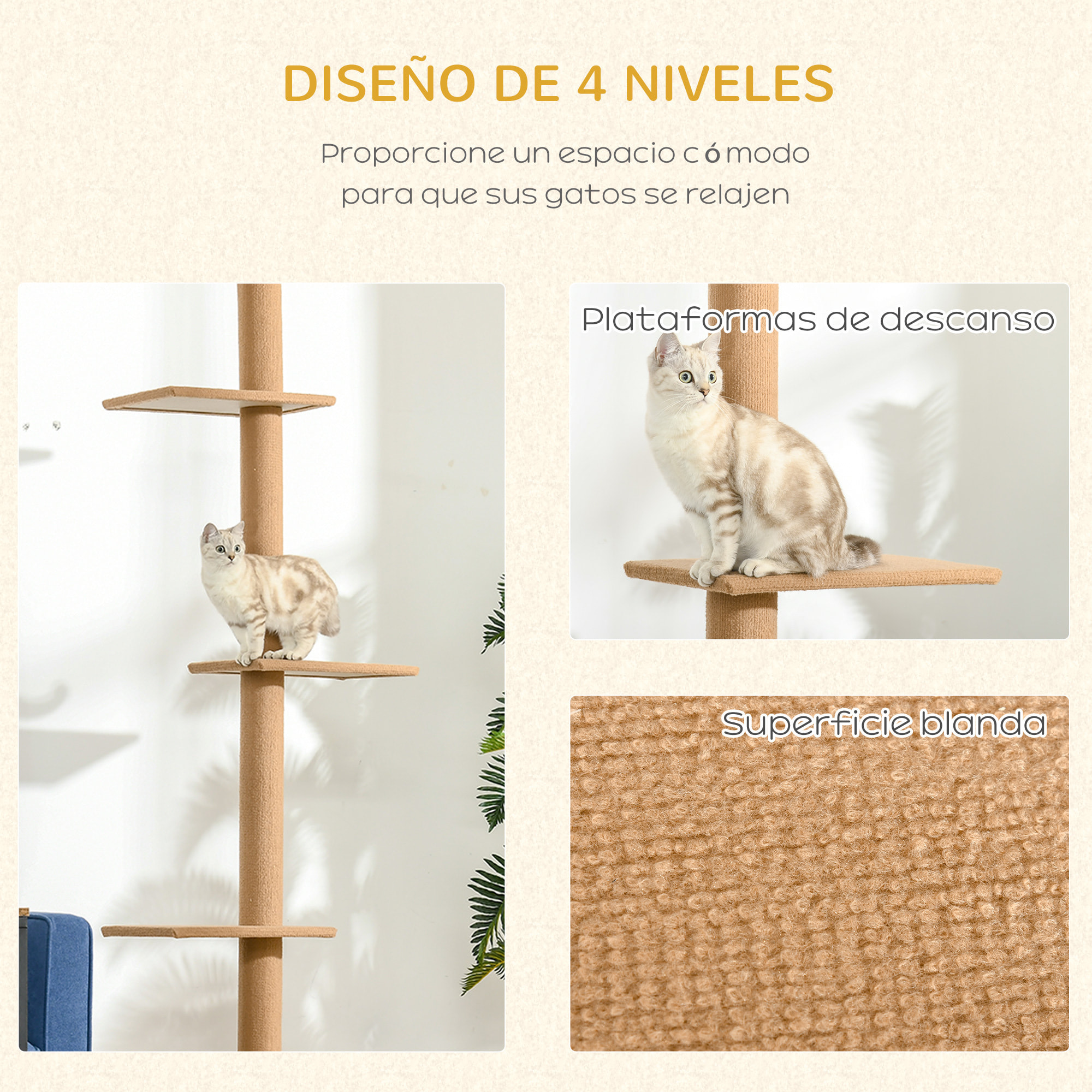 Árbol para Gatos del Suelo al Techo 43x27x228-260 cm Torre para Gatos con Altura Ajustable 4 Plataformas Espaciosas y Poste de Sisal Marrón