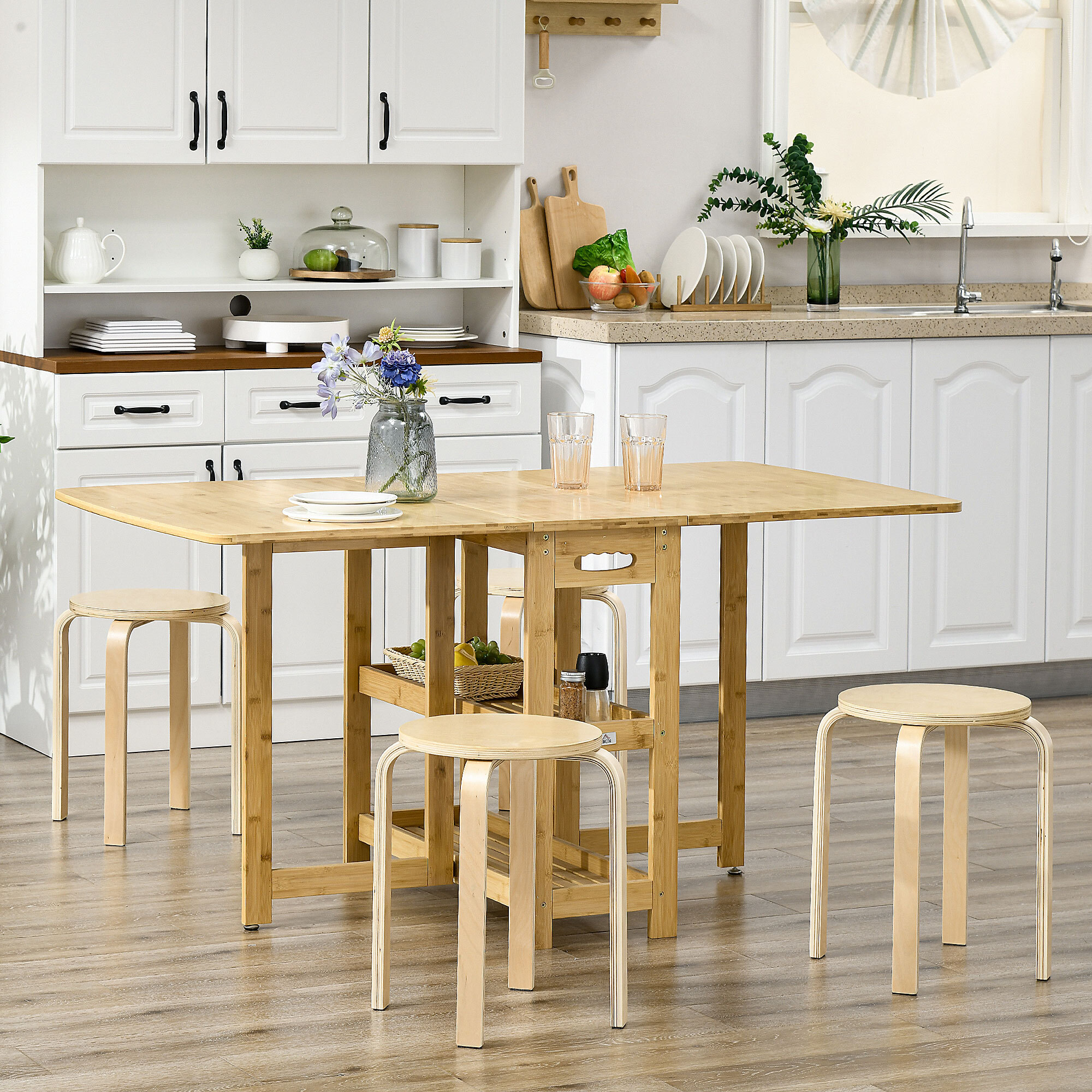 Taburetes Apilables Juego de 4 Taburetes Multiusos Taburetes de Madera Redondos Carga 120 kg para Cocina Salón Dormitorio Estudio Ø40x45 cm Madera Natural