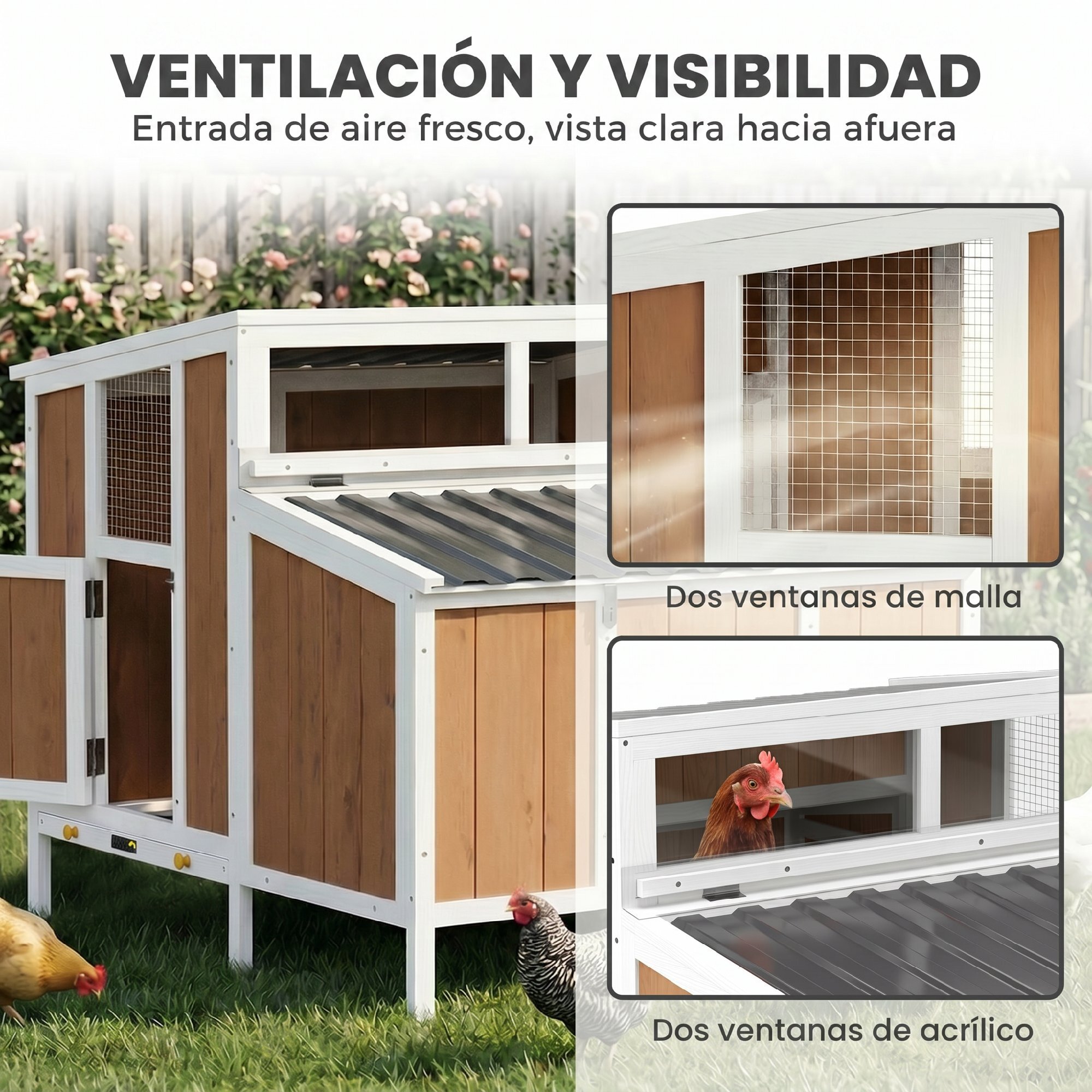Gallinero para Exterior de Madera, 145x90x92 cm para 2-4 Gallinas, Gallinero con Nido, Casa Lateral, Bandeja Extraíble, Techo Impermeable, Puertas con Cerradura, Perchas, Conejera, Marrón Claro